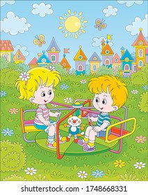 Cheerful small children playing and swinging on a colorful toy swing on a summer playground in a park of a pretty town on a sunny day, vector cartoon illustration