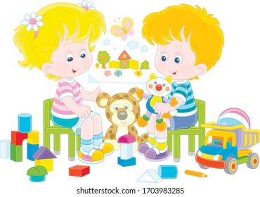 Cheerful small children playing with their funny colorful toys in a nursery room, vector cartoon illustration on a white background