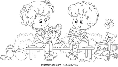 Cheerful small children sitting on a bench, talking and playing with their funny toys on a summer playground in a park, black and white outline vector cartoon illustration for a coloring book page