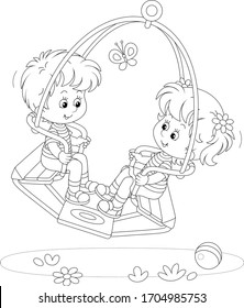 Cheerful small children swinging on a summer playground in a park, black and white outlined vector cartoon illustration for a coloring book page