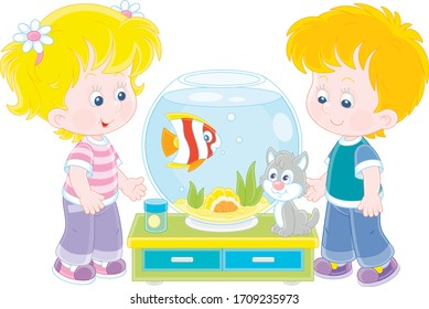 Cheerful small children and their cute kitten, friendly smiling, watching a funny aquarium fish and going to feed it, vector cartoon illustration on a white background