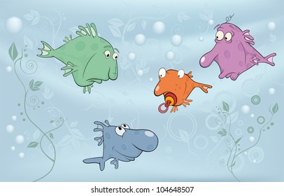 Cheerful small fishes in lake. Cartoon