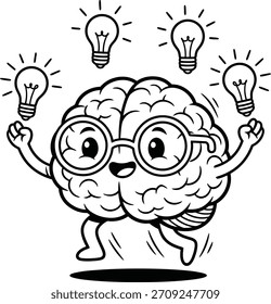 Un alegre e inteligente personaje cerebral de dibujos animados que usa gafas y hace malabares con bombillas, ilustrando la creatividad, la inteligencia y la generación de ideas. Simple Vector de arte de línea en blanco y negro perfecto para niños 