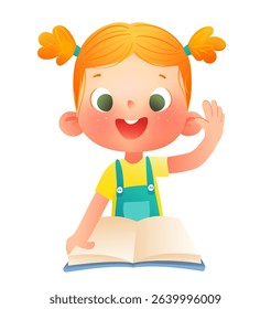 Cheerful smart girl holding an open book smiling and waving. Kids reading studying and learning character design for bookstore, library and school. Vector children education illustration