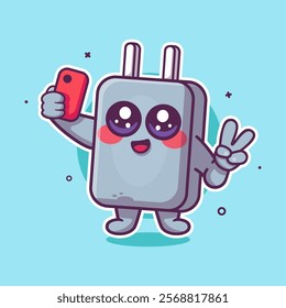 cheerful smartphone charger character mascot taking a selfie with a smartphone isolated cartoon 