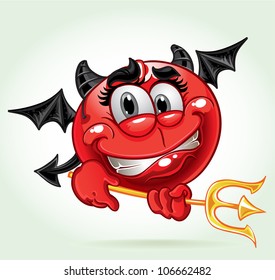 Cheerful smile in costume devil with a pitchfork. a series of adult party