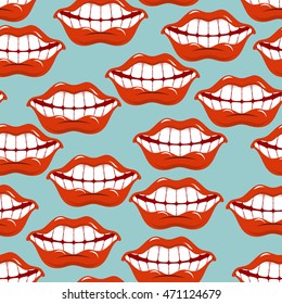 Cheerful smile lip seamless pattern. Red lips and white teeth texture. Open mouth ornament. Background fabric