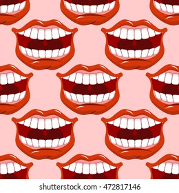 Cheerful smile lip seamless pattern. Red lips and white teeth texture. Open mouth ornament. Background fabric