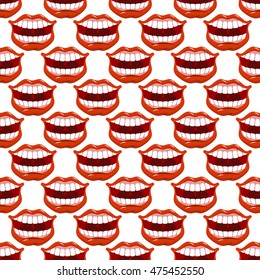 Cheerful smile lip seamless pattern. Red lips and white teeth texture. Open mouth ornament. Background fabric