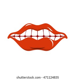 Cheerful smile. Red lips and white teeth. Open mouth