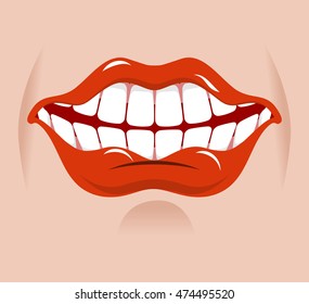 Cheerful smile. Red lips and white teeth. Open mouth on his face