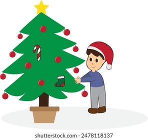 With a cheerful smile, this boy decorates the Christmas tree with love and joy, exuding enthusiasm for the magic of the holiday season.