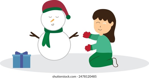 With a cheerful smile, this girl creates a winter wonderland with a snowman on Christmas day. Excitement and excitement permeate the atmosphere.