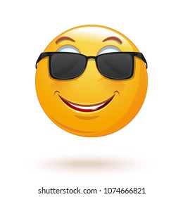 Cheerful smiley in sunglasses. Happy smiley emoticon face. Positive smiling ball. Vector illustration