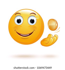 Cheerful smiley tosses up a coin. Rich smiley throwing a coin. Happy smiley with a coin. Vector illustration isolated on white background