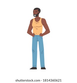 Cheerful Smiling African American Man, Happy Person Character in Casual Clothes Cartoon Style Vector Illustration