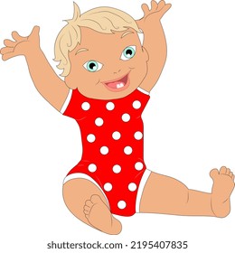 Cheerful, smiling baby with hands raised up