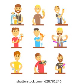 Cheerful smiling bartender serves at the bar set for label design. Colorful cartoon detailed vector Illustrations