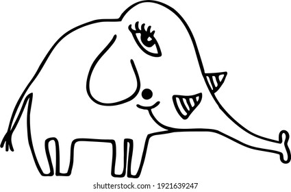 Cheerful smiling big-eyed elephant. Cute African animal. Clipart in zoo and wildlife themes. Hand-drawn outline doodle. Cartoon vector illustration for children. Picture for prints and kids books.