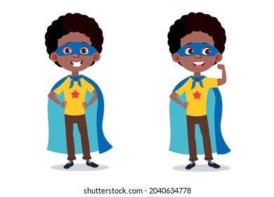 Cheerful smiling boy in superhero costume. Cartoon cute superhero african american teenager in various poses