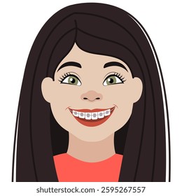 Cheerful, smiling brown-haired girl with braces. Vector illustration of a smiling child. Cartoon picture isolated on white background. 