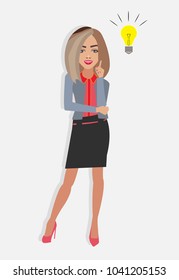 Cheerful smiling business woman character gets an idea in mind raised forefinger. vector