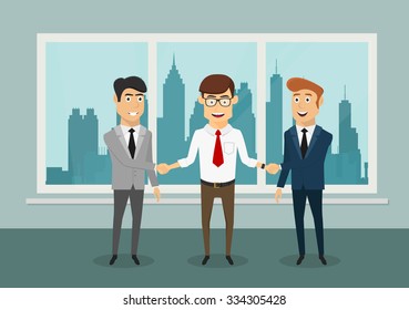 Cheerful smiling businessmen shaking hands after signing a profitable contract or closing a deal, for partnership themes design