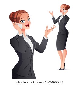 Cheerful smiling businesswoman in office wear talking on phone. Vector illustration isolated on white background.