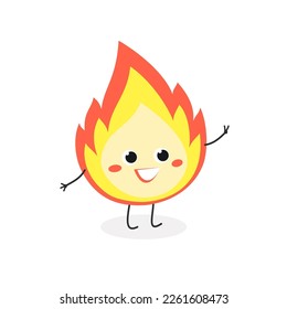 Fröhlich lächelnde Cartoon Feuer Flamme Charakter Handgesten mit zwei Fingern Frieden Liebe Zeichen. Vektorgrafik einzeln auf weißem Hintergrund