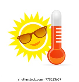 Cheerful, smiling cartoon sun in sunglasses next to the temperature thermometer