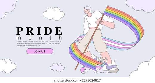 Cheerful smiling character holding rainbow lgbtq and transgender flag celebrate pride month or day vector flat illustration. LGBTQ support or event social media banner or post template, greeting card.