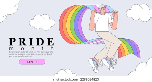 Fröhliche Lächelnde Figur, die Regenbogen lgbtq und Transgender-Fahne hält, feiert Stolz Monat oder Tag Vektorgrafik flach. LGBTQ-Unterstützung oder Event-Social-Media-Banner oder Post-Vorlage, Grußkarte.