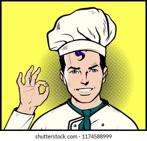 Cheerful Smiling Chef showing OK hand sign for perfection and excellence.  Pop Art Comic book style, retro, vintage illustration