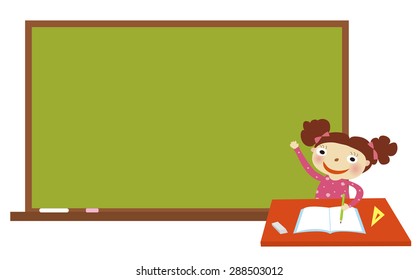 Cheerful smiling child at the blackboard. School concept