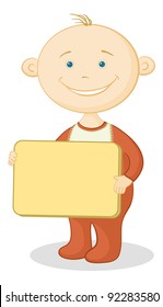 Cheerful smiling child with a plate for your text. Vector