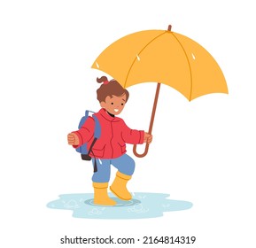 Niño sonriente alegre con paraguas y paseos en roca por charcos en el clima lluvioso de otoño o primavera. Feliz Niña Ir a la escuela. Personaje infantil en botes de goma. Ilustración de vectores de personas de caricatura