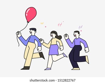 cheerful smiling children playing running holding air balloon, Friendship concept, hand drawn style vector illustration.