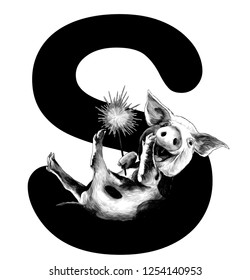cheerful smiling Christmas pig with Bengal fire in its paws lies on the letter S, part of the word Christmas, sketch vector graphics monochrome illustration on white background