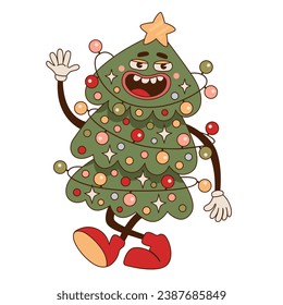 Cheerful smiling christmas tree isolated on white background. Merry Christmas and Happy New Year groovy sticker. Funny retro flat cartoon character in trendy 60s-70s style. 
