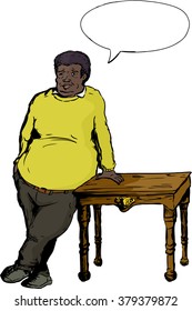 Cheerful smiling chubby middle aged Black man leaning against table with word balloon over white background