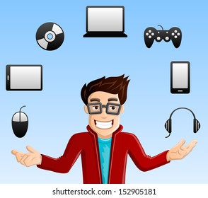 Cheerful, Smiling Computer Geek - Juggling Gadgets - Laptop, Smart phone, Tablet PC, Joystick, Mouse, CD/DVD & Headphones