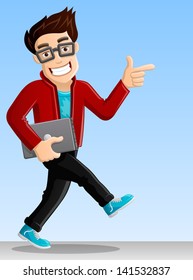 Cheerful, Smiling Computer Geek - Pointing while Walking with Laptop