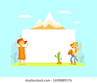 Cheerful Smiling Cowboys Characters with Blank Banner, Wild West Landscape Vector illustration