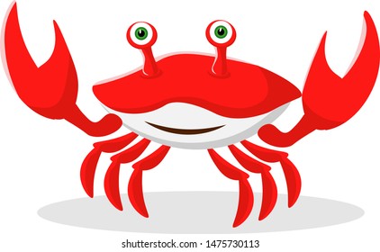 Cheerful smiling crab is drawn in cartoon style on white isolated background. Vector illustration.