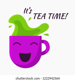 Cheerful and smiling cup with tea splashing around. Vector illustration for tea time and ceremony.