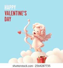 Cheerful smiling cupid character in the sky shooting a bow, a gift, 3D. Valentine's Day greetings. Concept of love, wedding. Vector