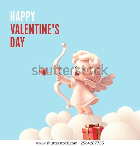 Cheerful smiling cupid character in the sky shooting a bow, a gift, 3D. Valentine's Day greetings. Concept of love, wedding. Vector