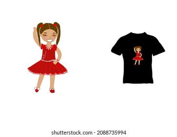 Cheerful smiling dancing girl in red dress vector illustrations, ready for printing on t-shirt, clothes, poster and other purposes.