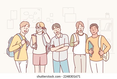 cheerful smiling diverse schoolchildren standing posing in classroom holding notebooks and backpacks looking at camera. Hand drawn style vector design illustrations.