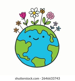 Cheerful Smiling Earth with Colorful Flowers Cartoon Sticker